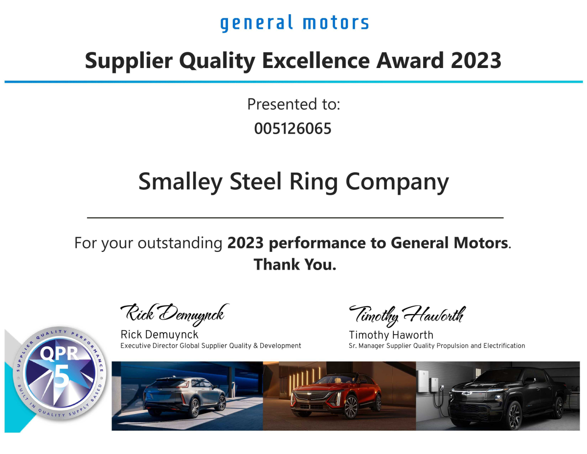 GM Awards Smalley for 12th Consecutive Year for High-Quality Retaining Rings and Wave Springs